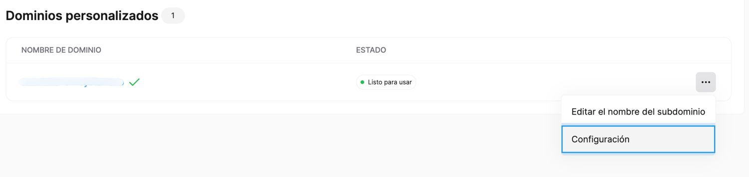 Menú de tres puntos del dominio: opción Configuración
