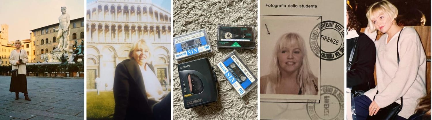 A photo collage - Pernilla Öberg in Florence in 1992 with a 90s bob haircut and mixtapes, alongside her current cabin life in the Swedish arctic mountains