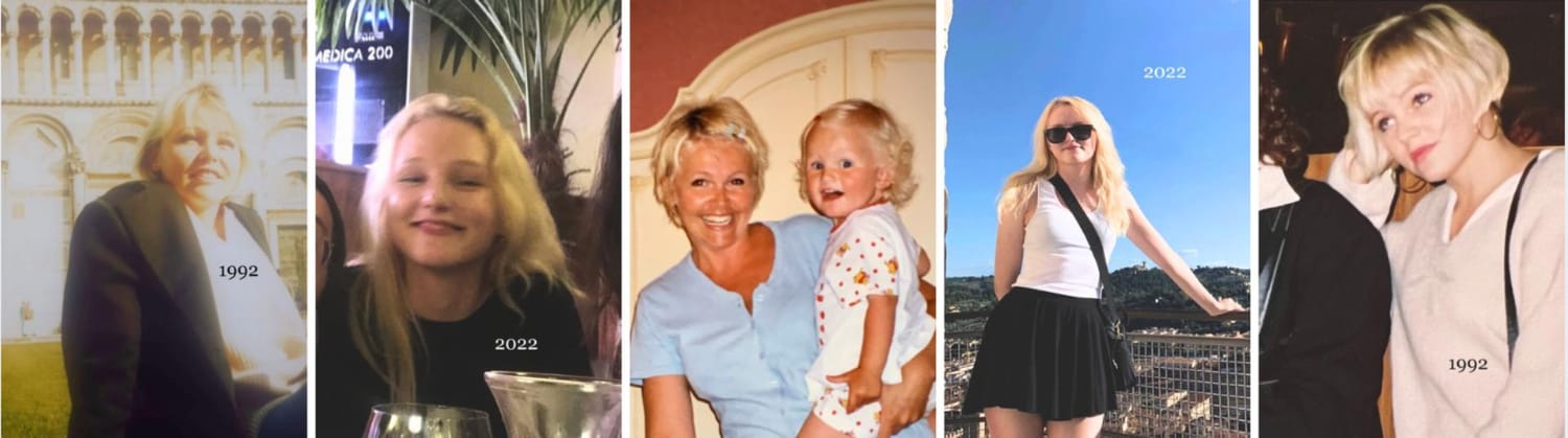Mother and daughter photo collage - Pernilla in Florence 1992 and Emma in Florence 2022, both at twenty-three years old