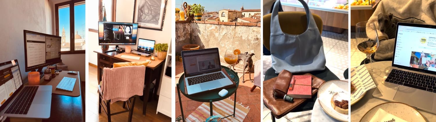 From workstation to Handbag Office - Pernilla Öberg's wooden desk in Florence with large screen, candles and a rooftop view, a laptop on a Florentine rooftop terrace, and her baby blue Italian leather bag at a café