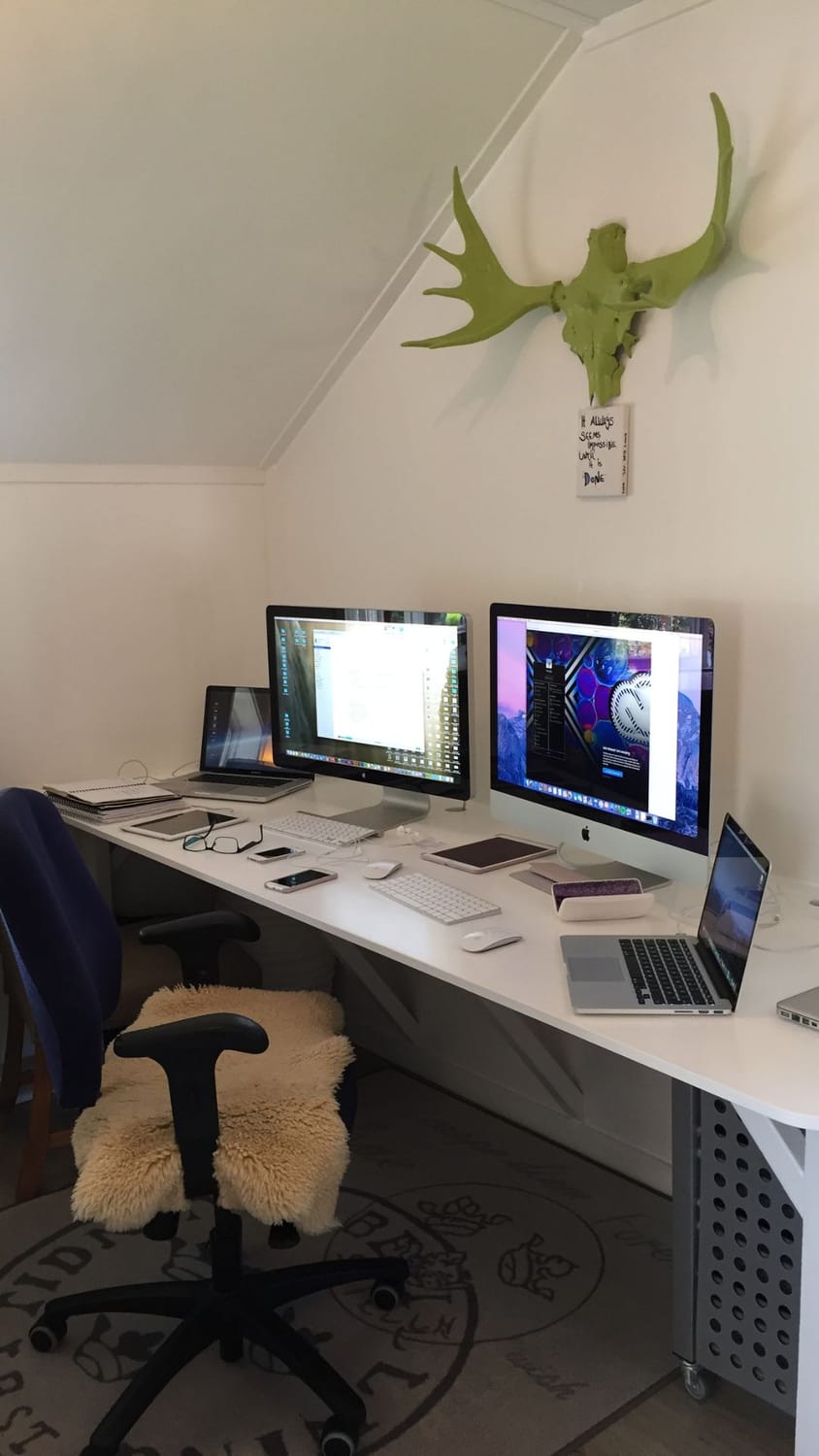 The LakeHouse Media web agency office setup in 2016, featuring a large iMac screen, heavy binders, paper calendars, and complicated tech equipment.