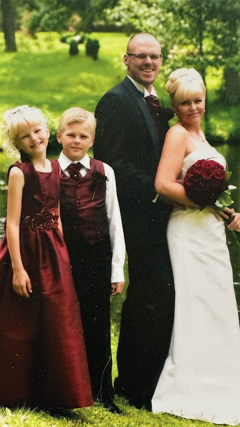 Pernilla and Håkan with their son Emil and daughter Emma, on their wedding day in Sweden in 2007, celebrating a long life together built on love and autonomy.