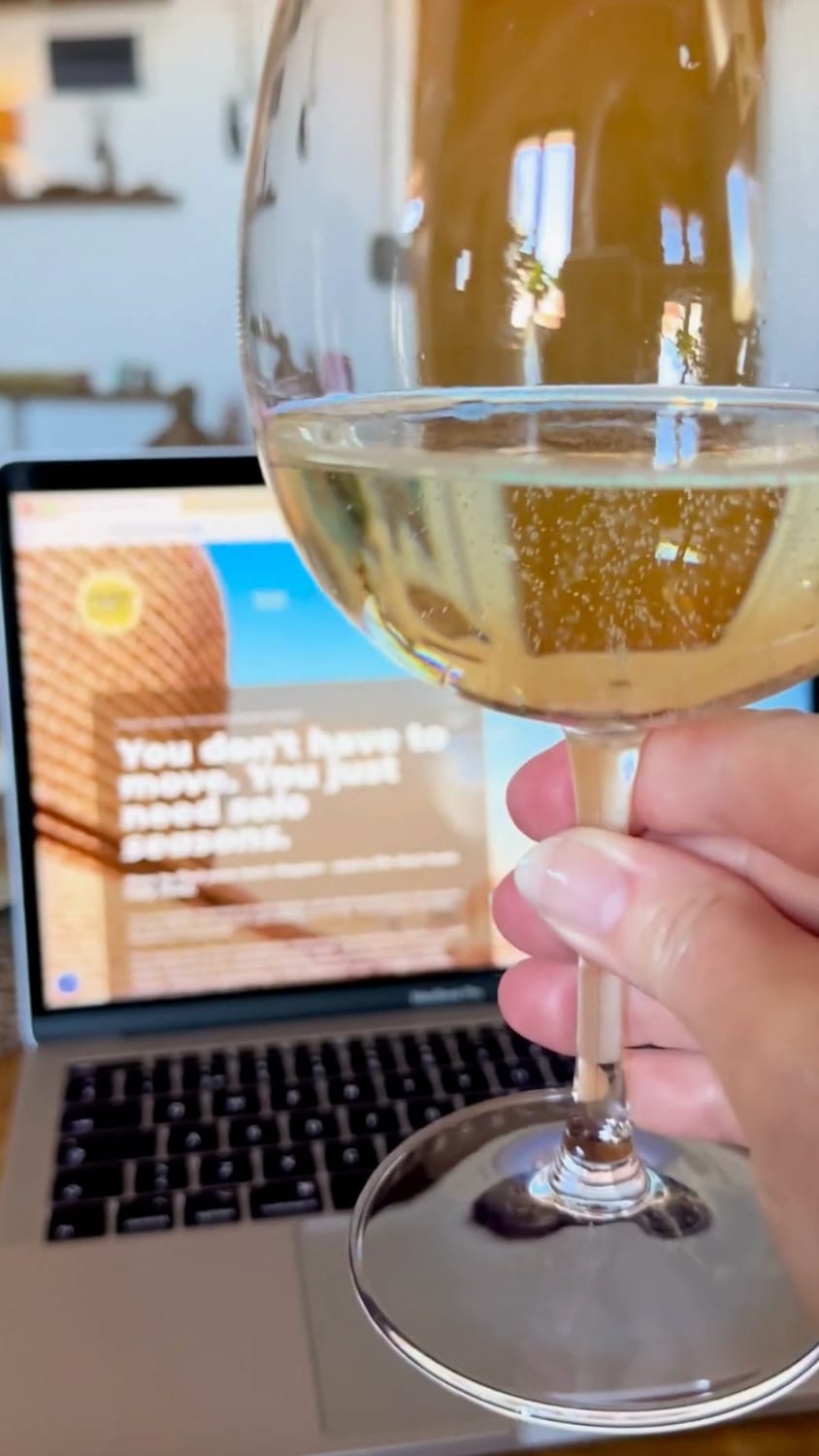 Cheering with glass of Prosecco to celebrate the May 1st launch of the Midlife in Italy blog and brand.