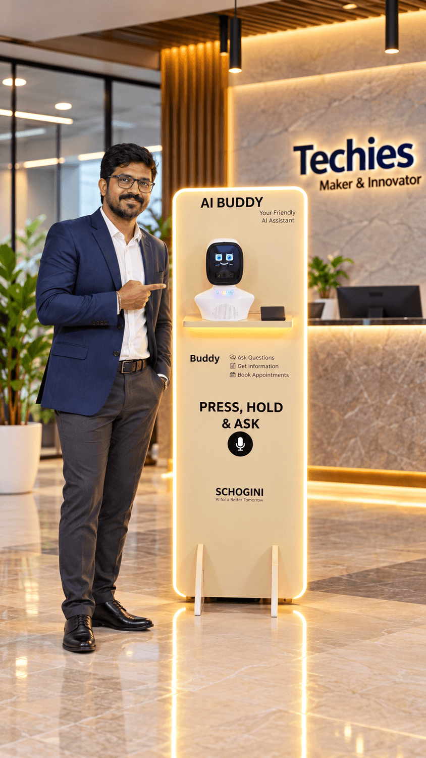 AI Buddy standee beside a reception desk