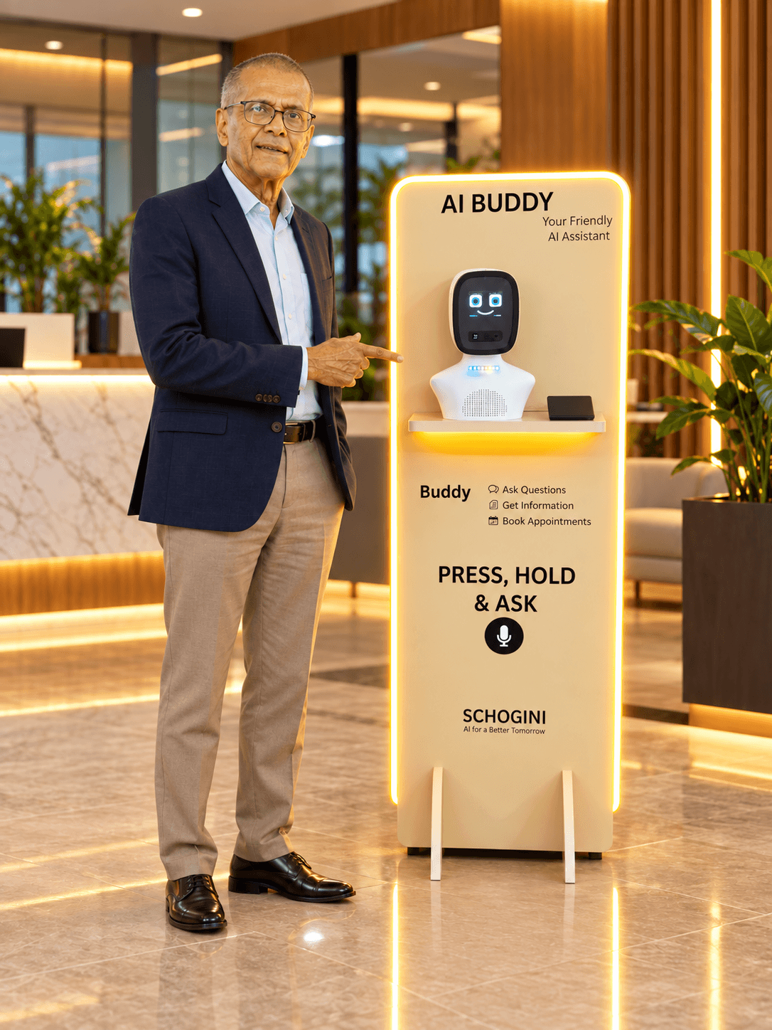 AI Buddy on its standee in an office lobby — Press, Hold & Ask