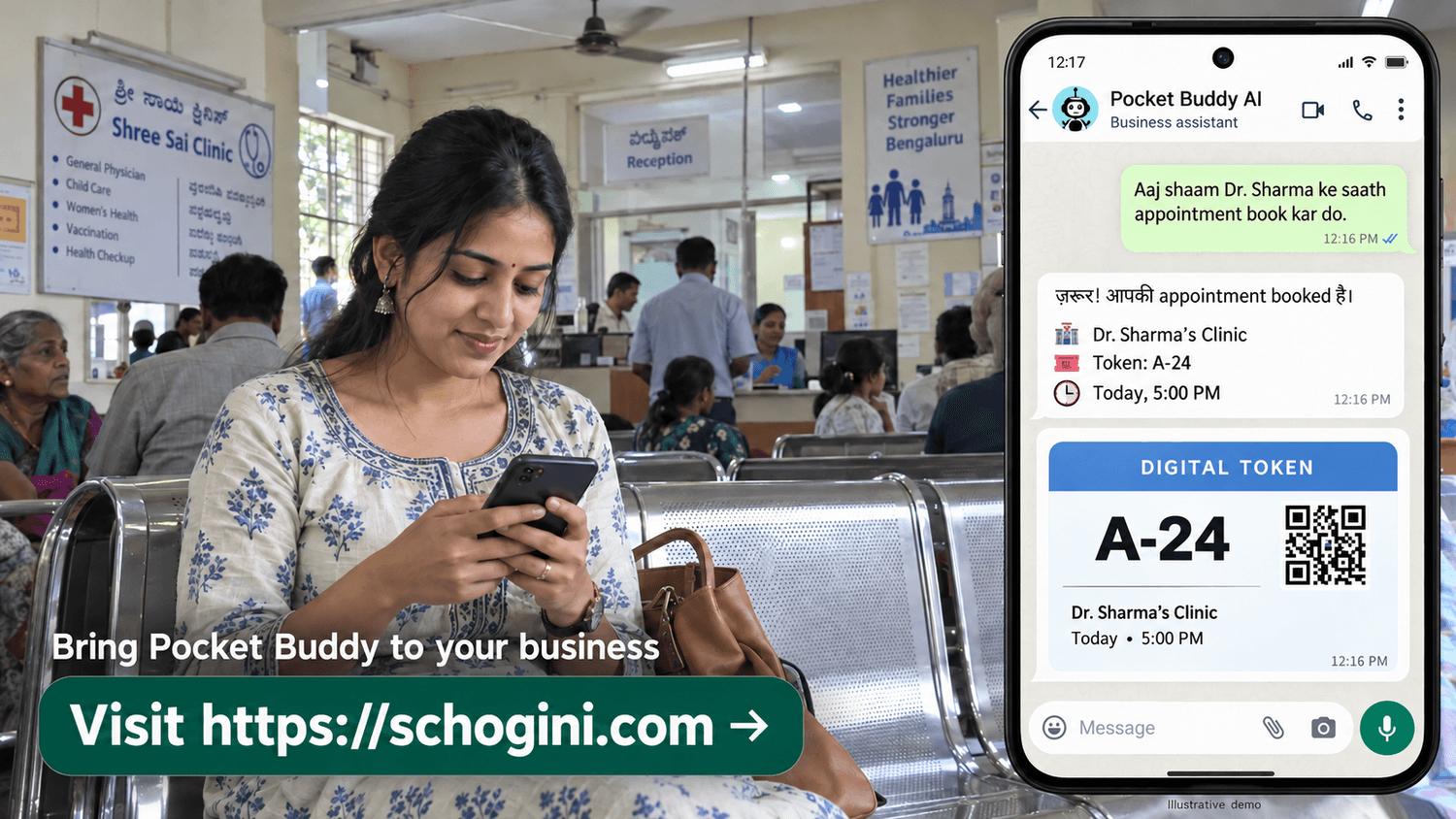 Clinic in Bengaluru: a customer chats with the business's PocketBuddy on WhatsApp