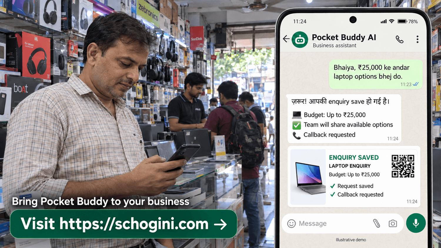 Electronics store in Delhi: a customer chats with the business's PocketBuddy on WhatsApp
