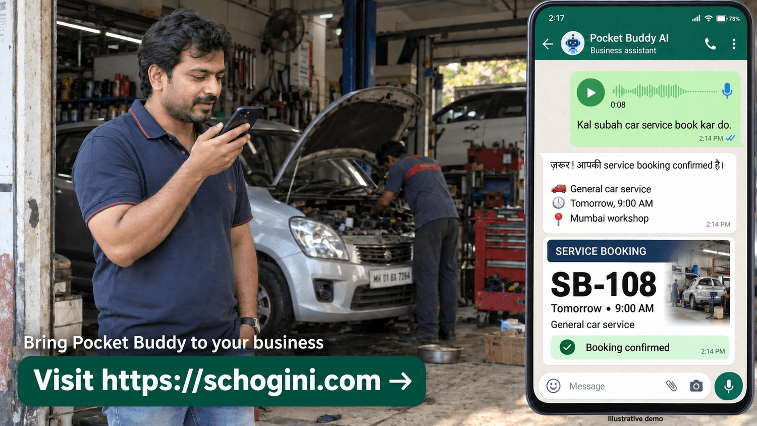 Car garage in Mumbai: a customer chats with the business's PocketBuddy on WhatsApp