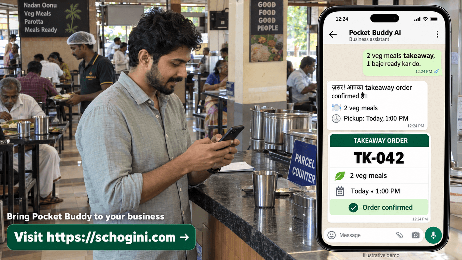 Restaurant in Kochi: a customer chats with the business's PocketBuddy on WhatsApp