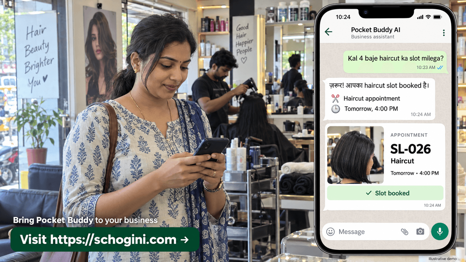 Salon in Chennai: a customer chats with the business's PocketBuddy on WhatsApp