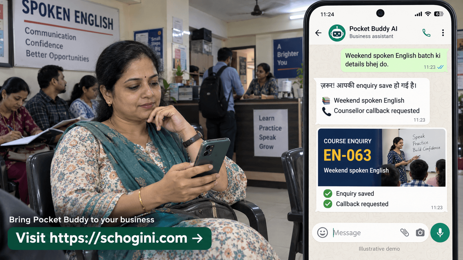 Training centre in Pune: a customer chats with the business's PocketBuddy on WhatsApp
