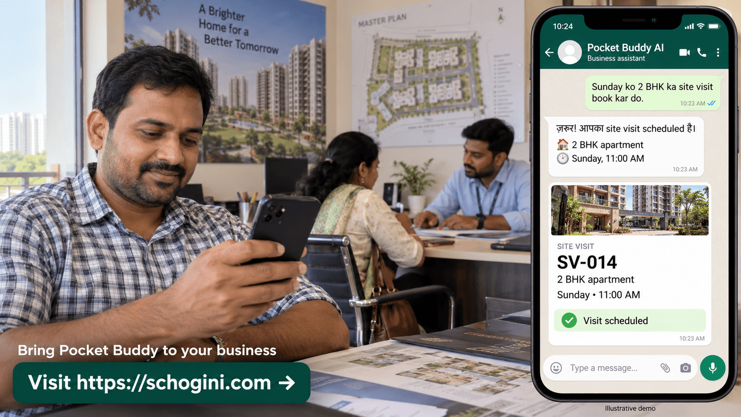 Property developer in Hyderabad: a customer chats with the business's PocketBuddy on WhatsApp