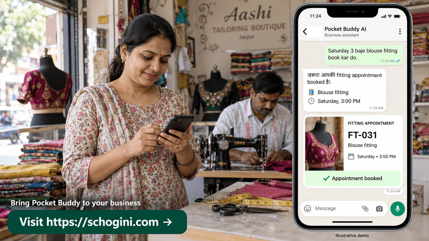 Boutique in Jaipur: a customer chats with the business's PocketBuddy on WhatsApp