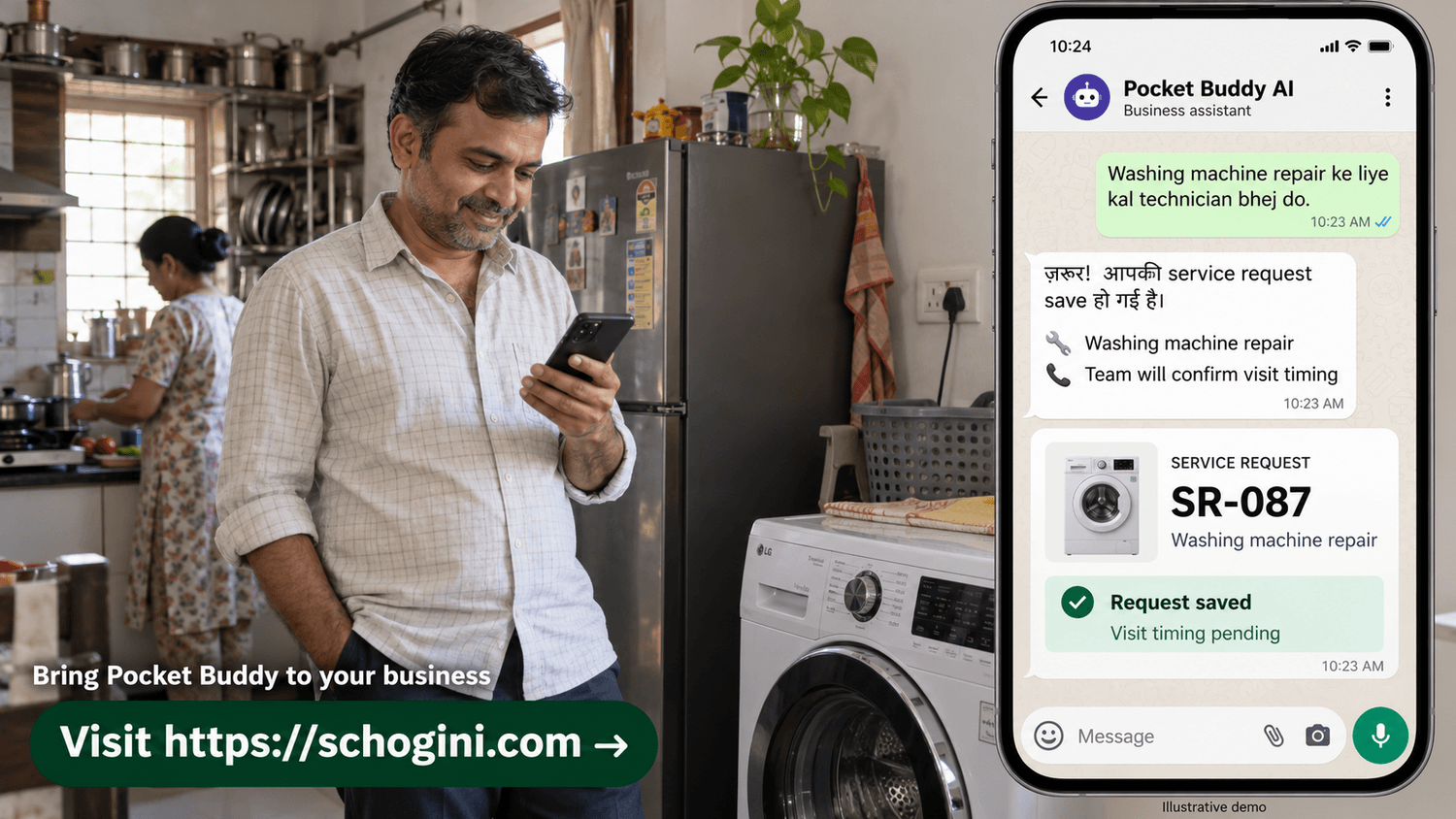Appliance service in Ahmedabad: a customer chats with the business's PocketBuddy on WhatsApp