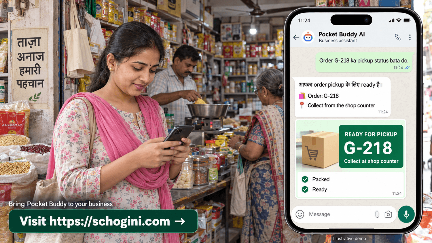 Neighbourhood shop in Lucknow: a customer chats with the business's PocketBuddy on WhatsApp