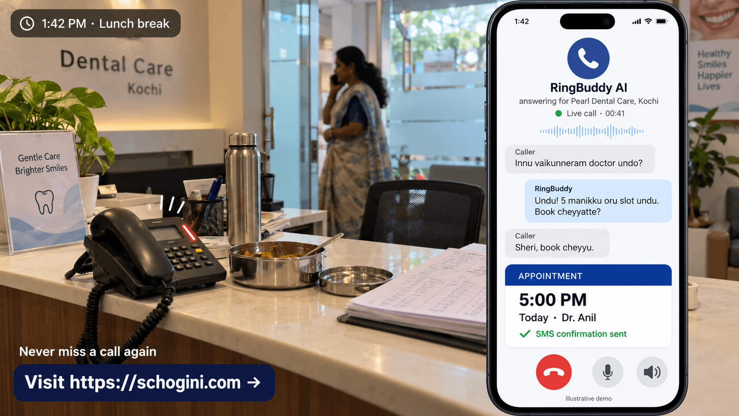 Dental clinic in Kochi, lunch break: RingBuddy books an appointment in Malayalam and sends an SMS