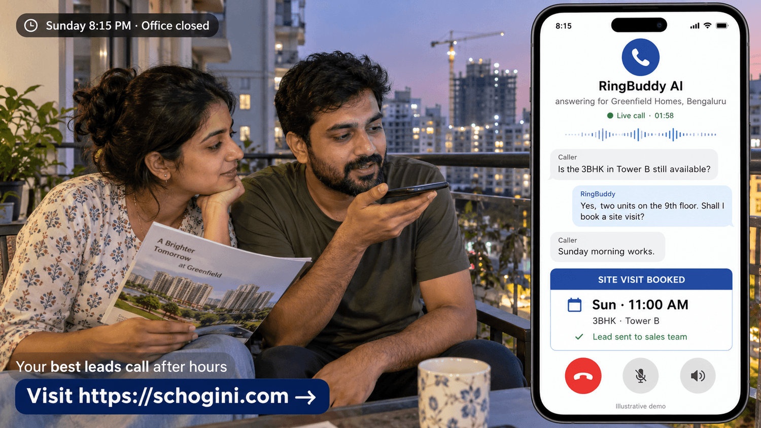Builder in Bengaluru, Sunday evening: RingBuddy books a site visit and sends the lead to sales