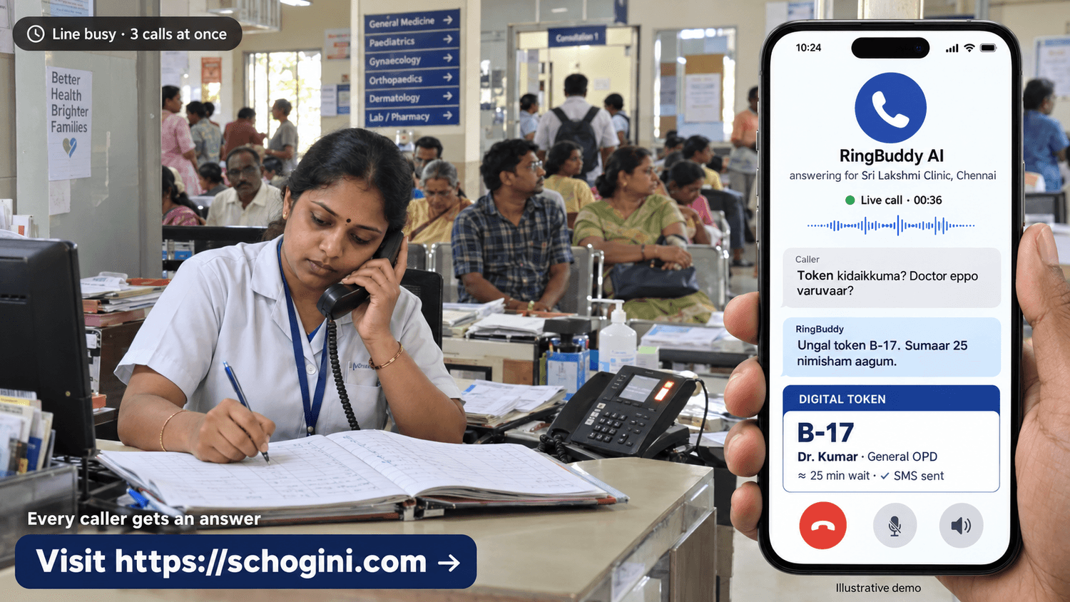 Clinic in Chennai, busy line: RingBuddy gives a token in Tamil while the receptionist is on another call