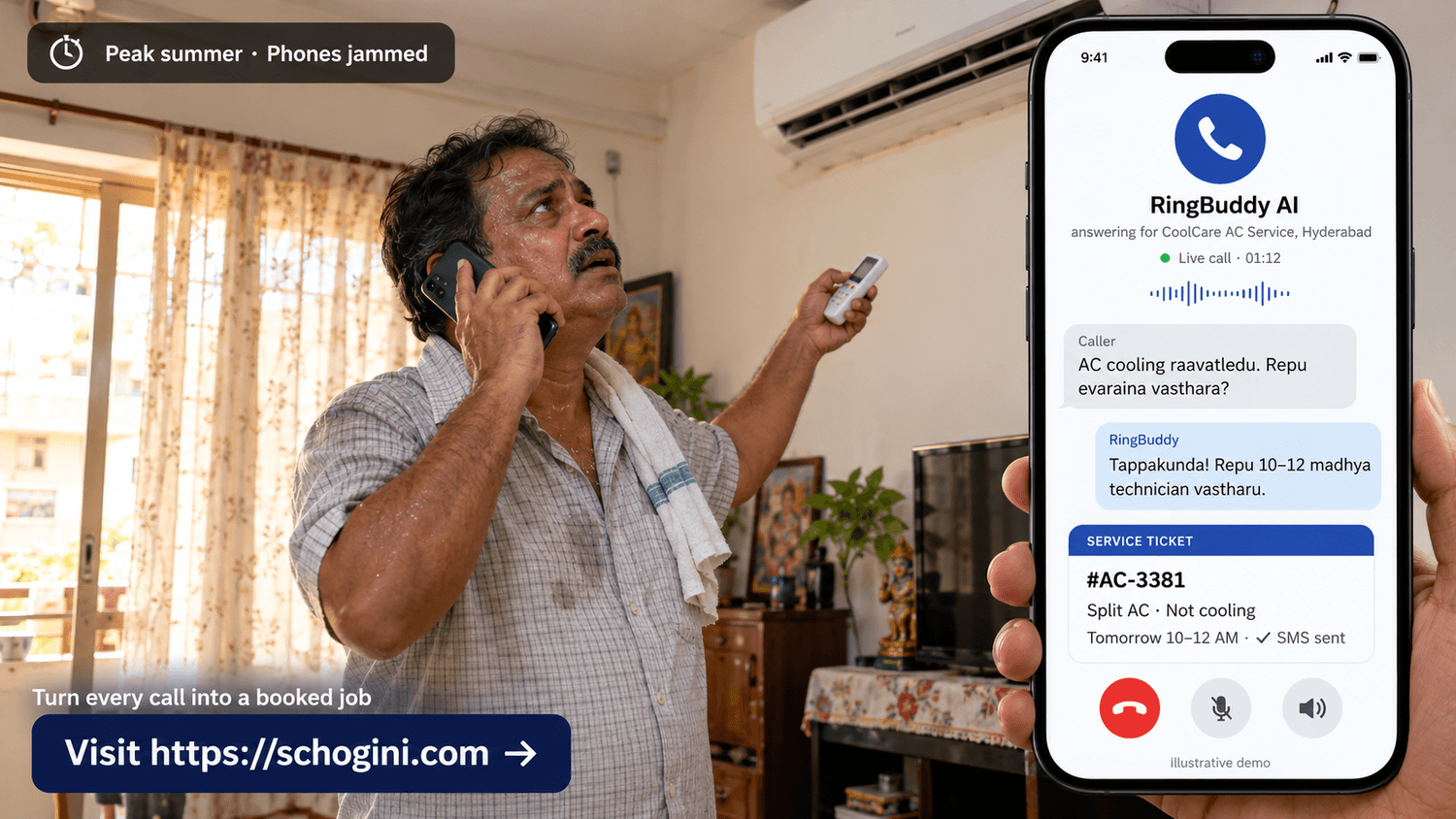 AC service in Hyderabad, peak summer: RingBuddy logs a service ticket in Telugu