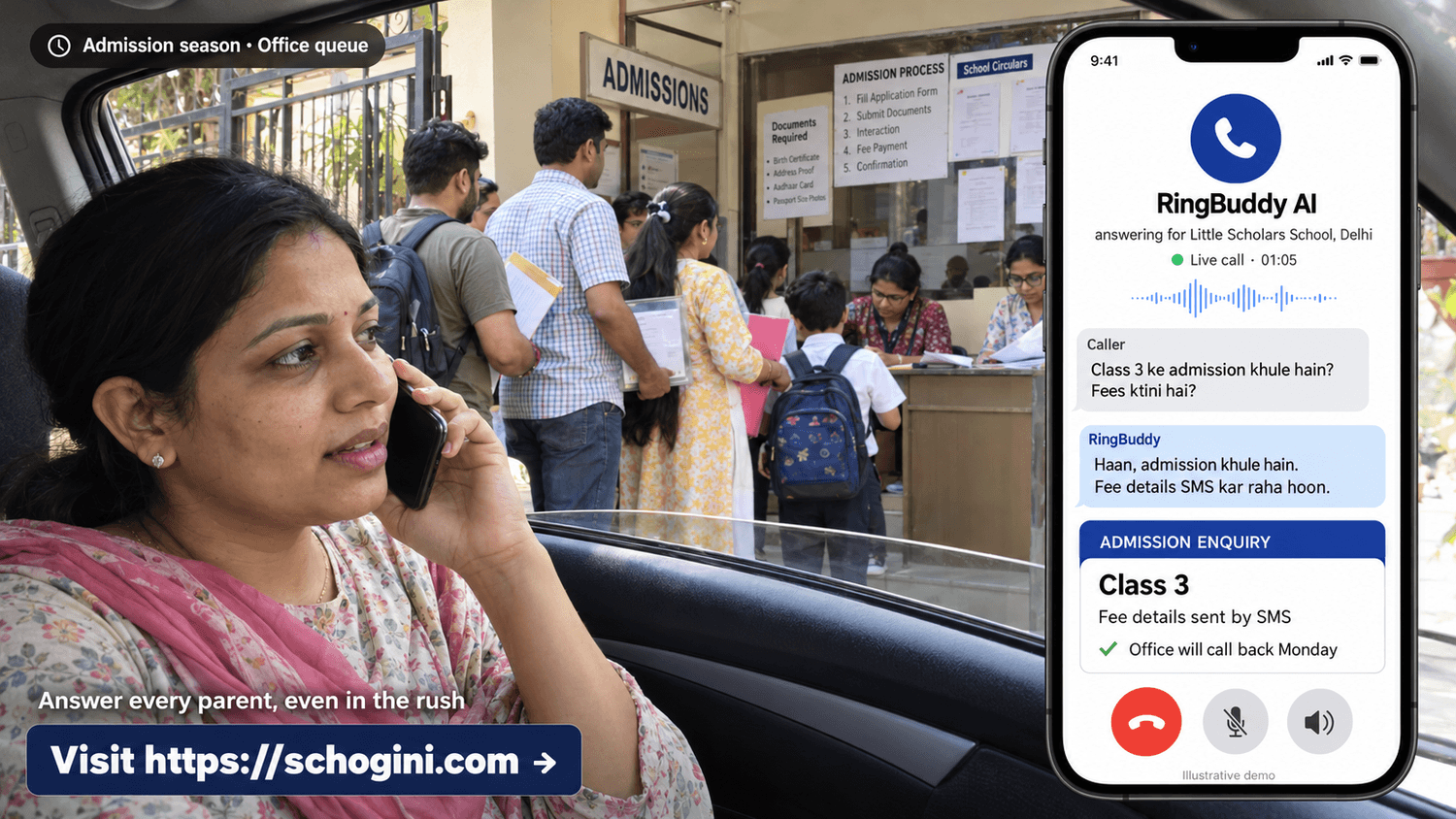School admissions in Delhi, admission season: RingBuddy answers a parent in Hindi and sends the fees by SMS
