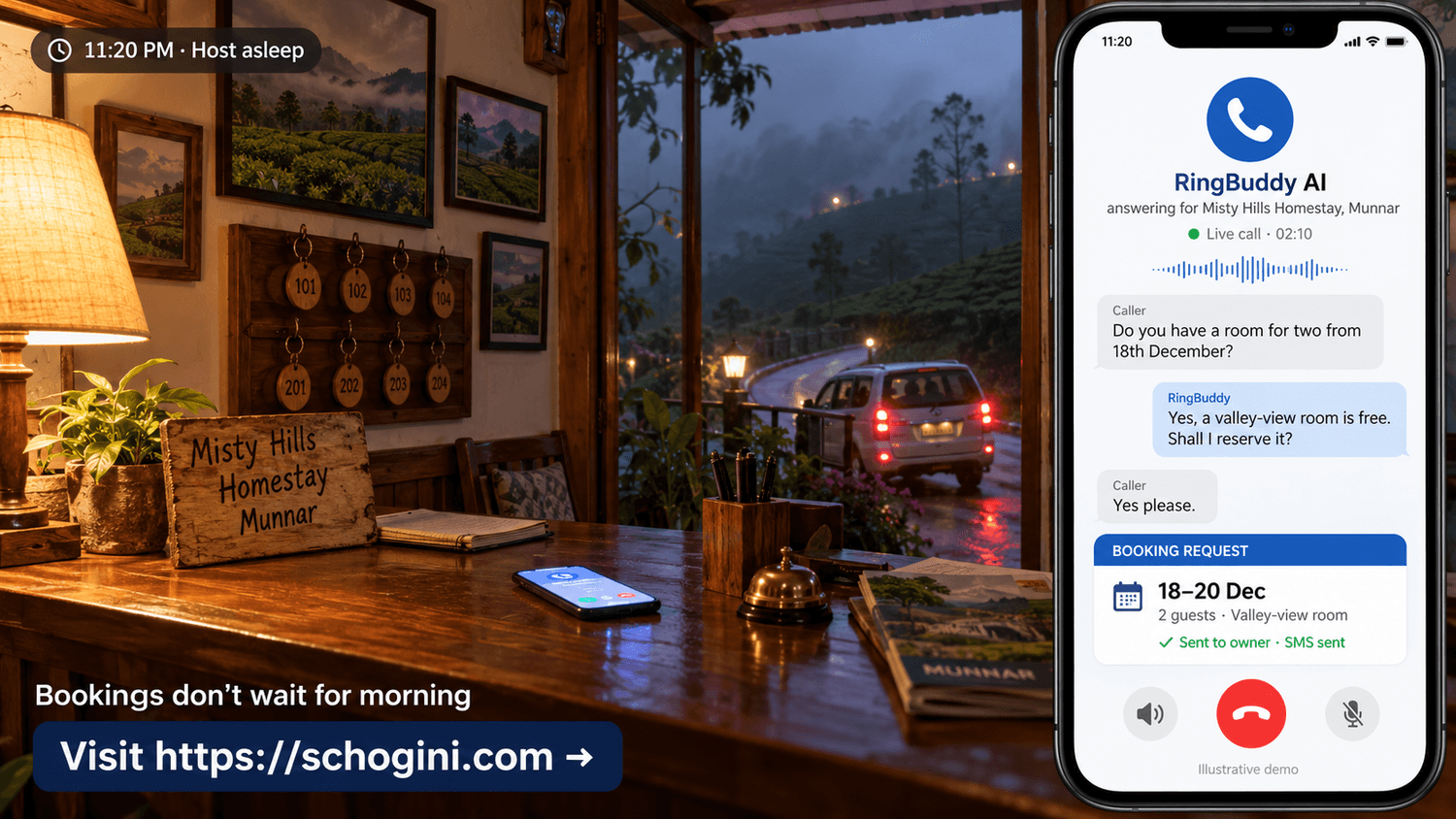 Homestay in Munnar, late at night: RingBuddy takes a booking request while the host is asleep