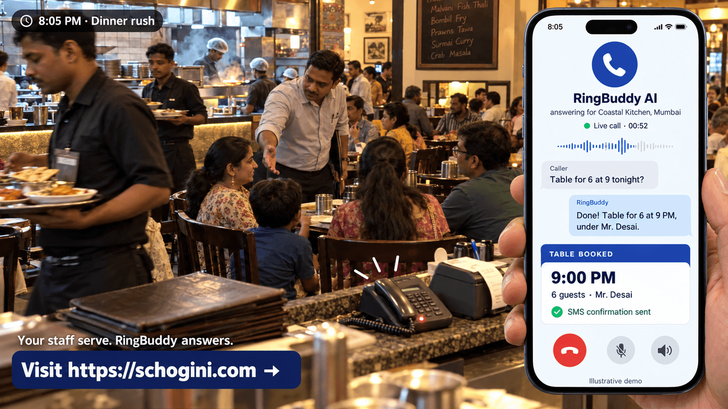 Restaurant in Mumbai, dinner rush: RingBuddy books a table for six