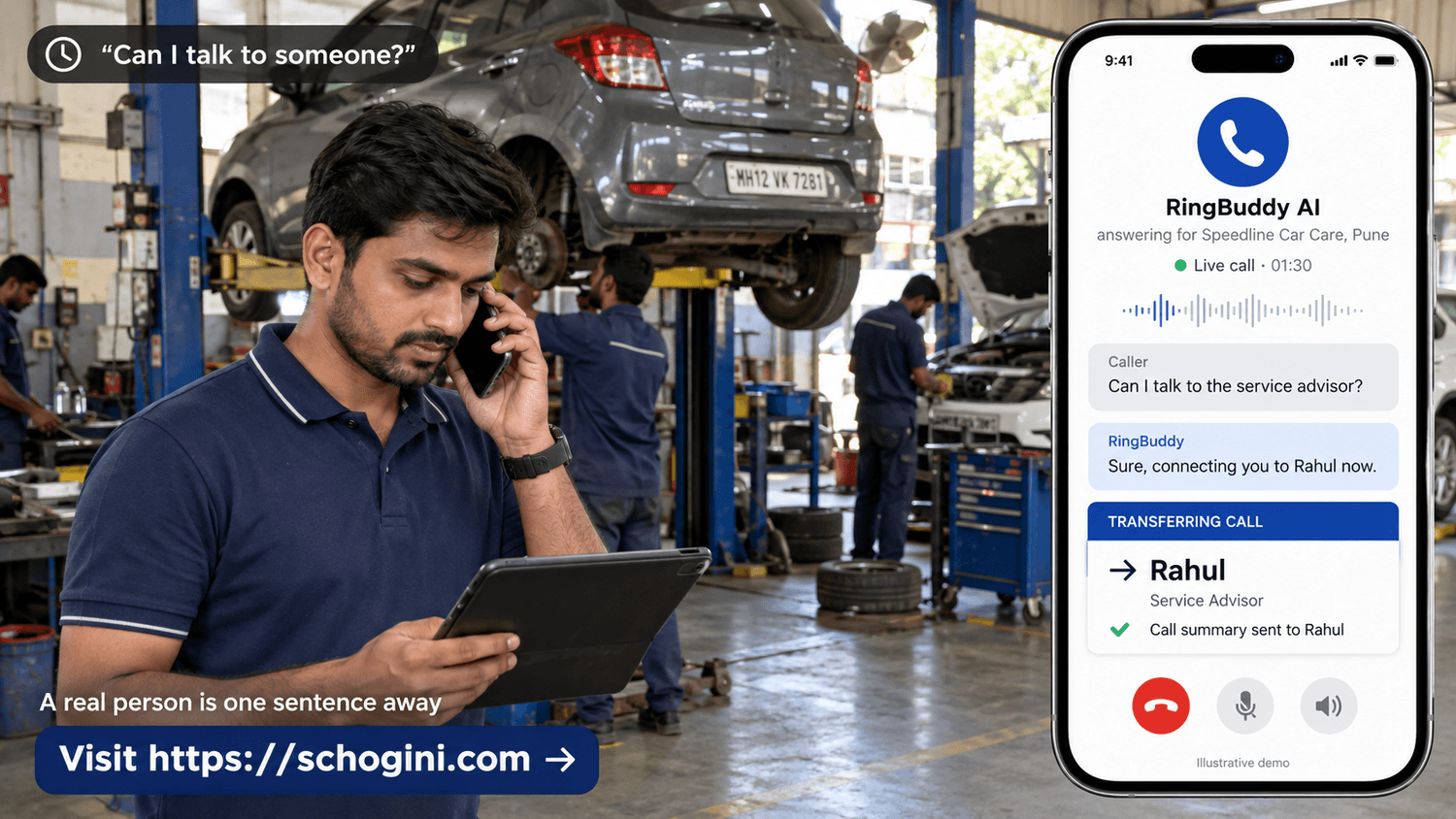 Car service in Pune, a caller asks for a person and RingBuddy puts the call through to the service advisor