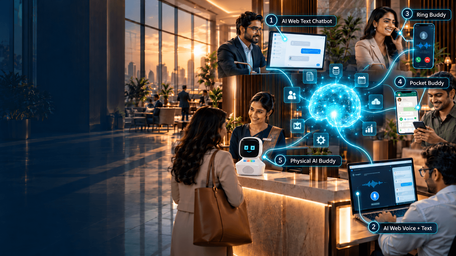 One AI brain connected to five channels: a website text chatbot, website voice chat, RingBuddy answering a phone call, PocketBuddy on WhatsApp, and the physical AI Buddy robot greeting a visitor at a hotel reception