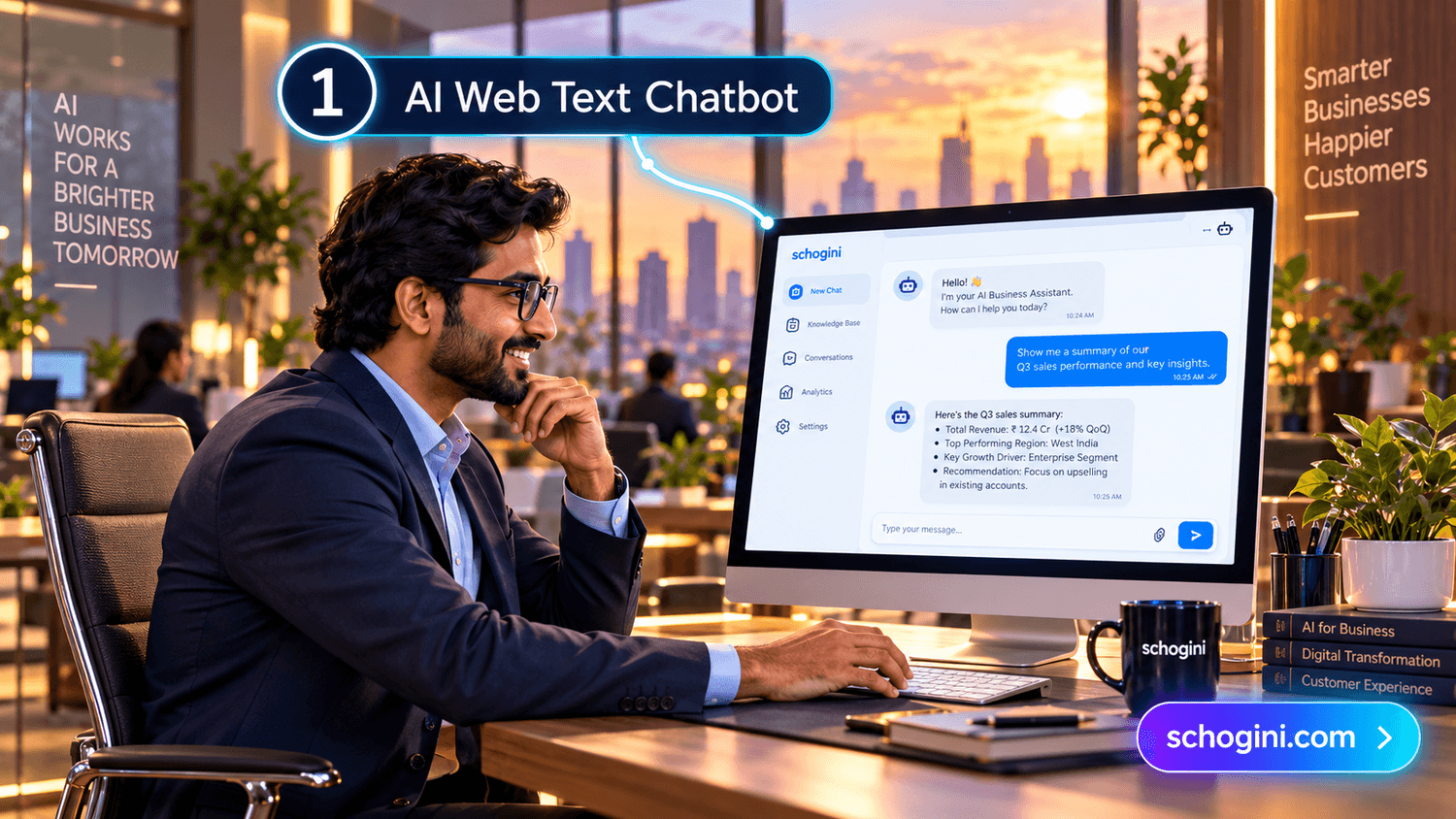 A business owner at his desk with the AI web text chatbot answering questions on his website
