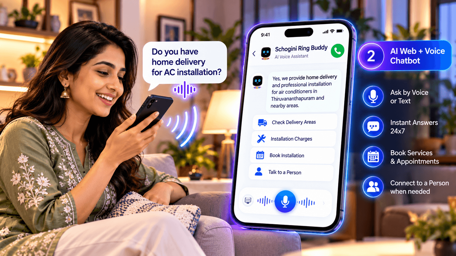 A woman at home asking a website voice assistant on her phone about AC installation and delivery