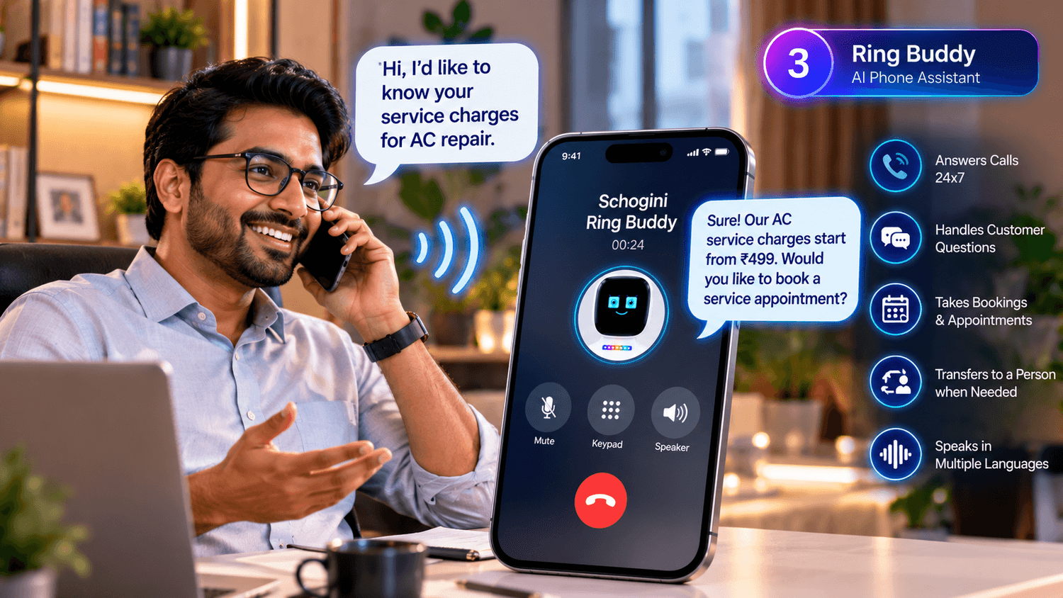 A customer on the phone with RingBuddy, the AI phone assistant, asking about AC service charges and booking