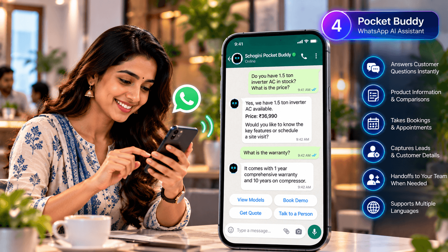 A woman in a café chatting with PocketBuddy on WhatsApp about an inverter AC, its price and warranty
