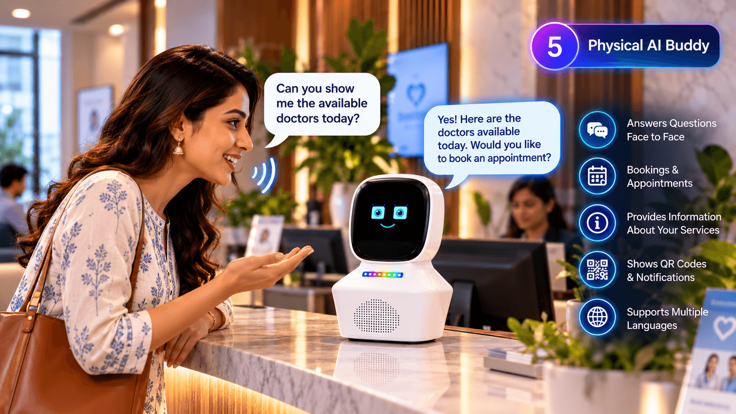 A visitor at a clinic reception asking the physical AI Buddy robot which doctors are available today