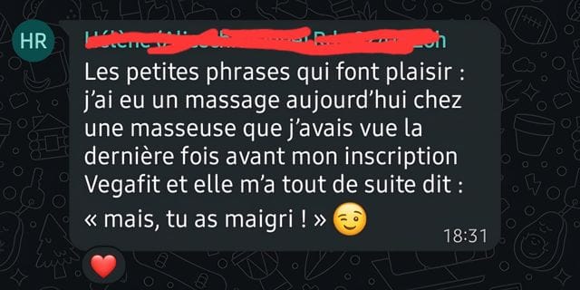 Capture WhatsApp - témoignage client VEGAFIT