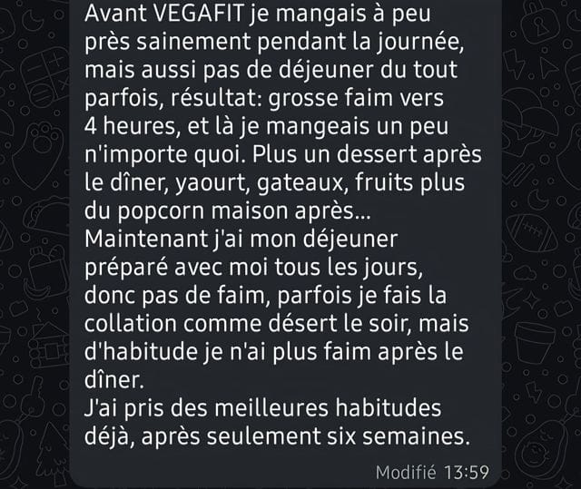 Capture WhatsApp - témoignage client VEGAFIT