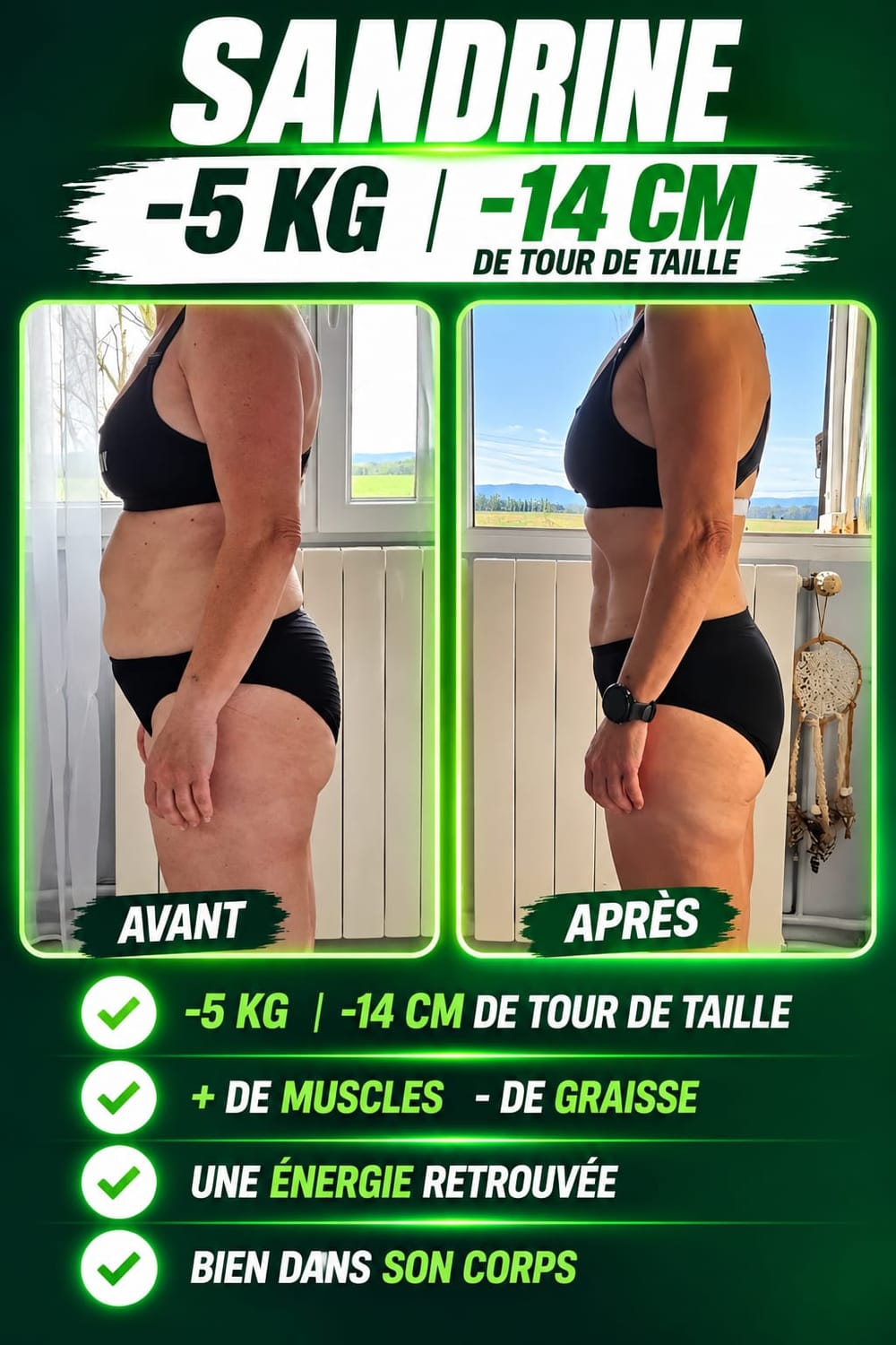 Transformation Sandrine avec VEGAFIT : -5 kg et -14 cm de tour de taille