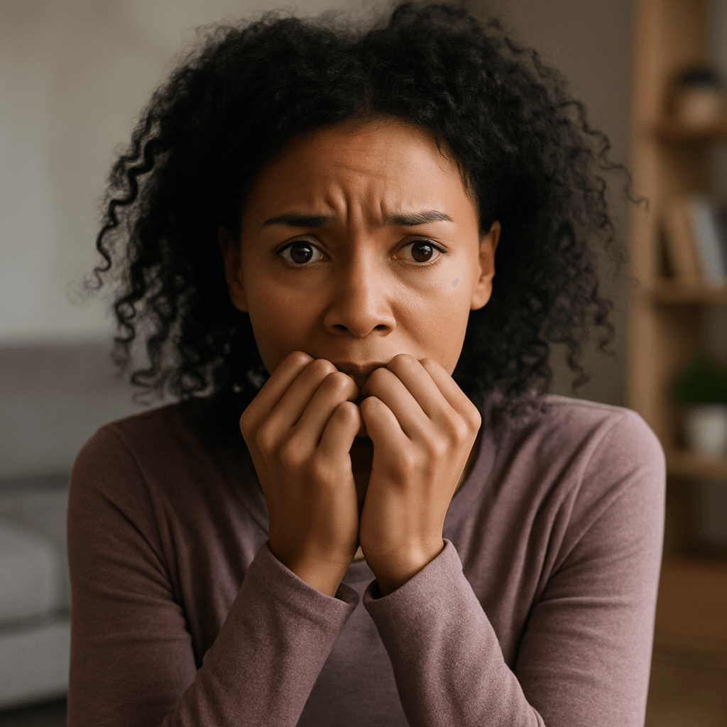 How positive affirmations help you heal from narcissistic abuse:Woman of color looking fraught with hands clenched