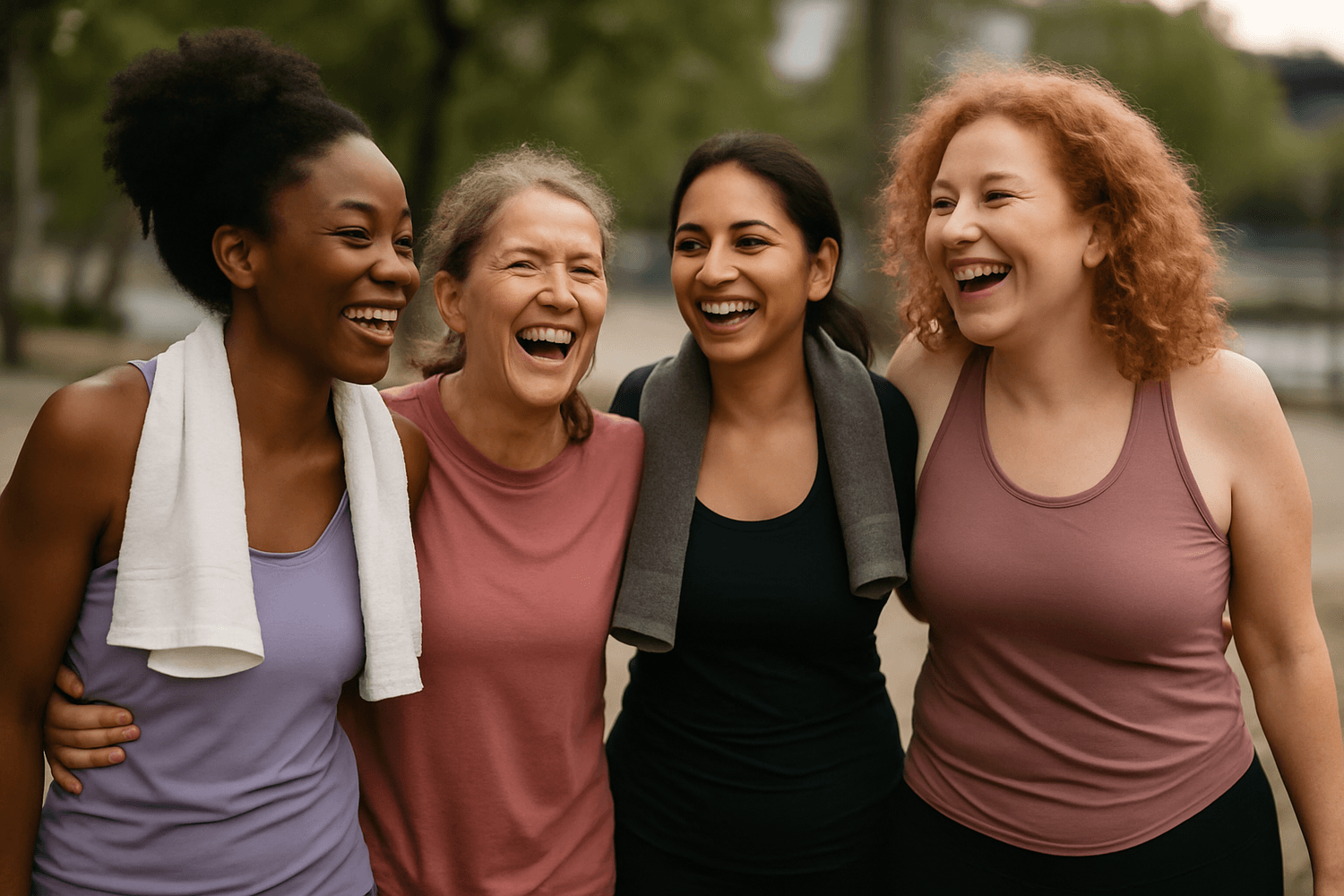 Rebuilding self-worth after narcissistic abuse:four multi-culteral women together laughing after exercise