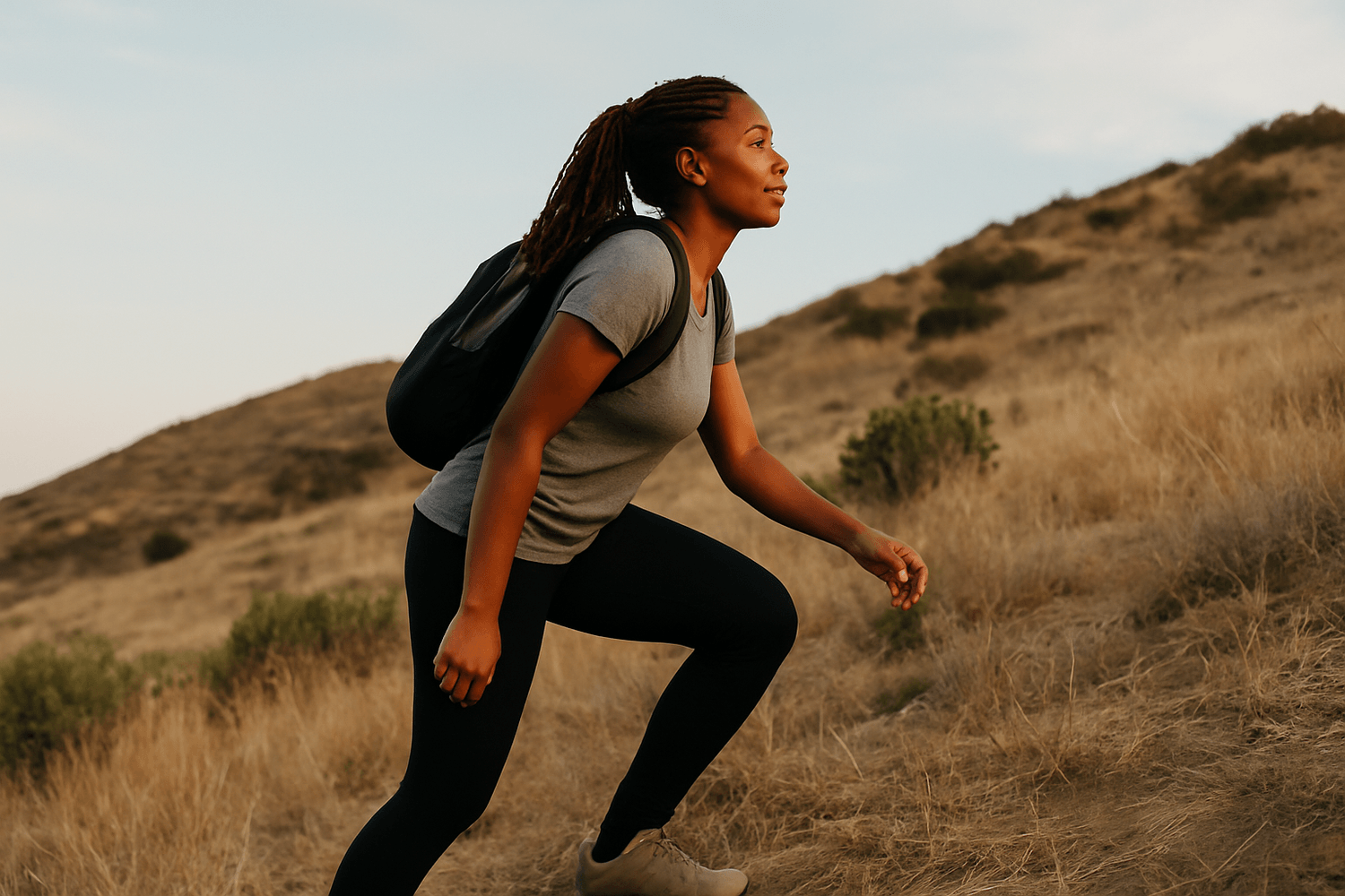 Woman of color climbing hill with backpack of emotions
