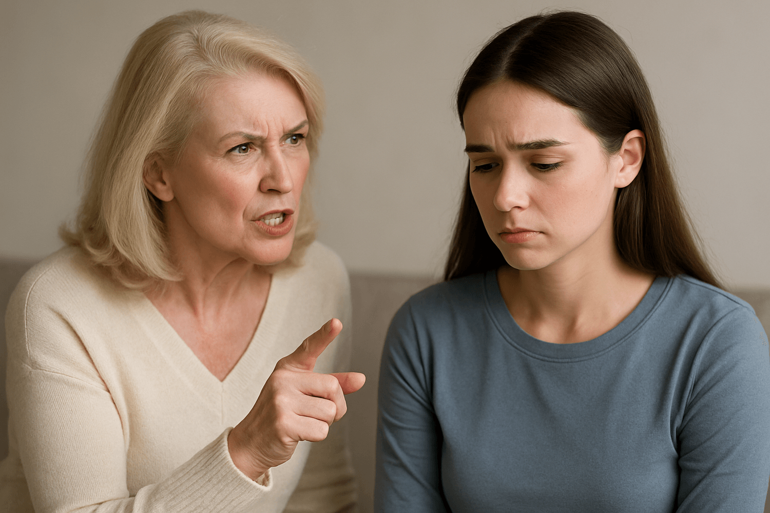 When empathy is your superpower- healing after narcissistic abuse:Older woman speaking agrily to a younger, empathic woman