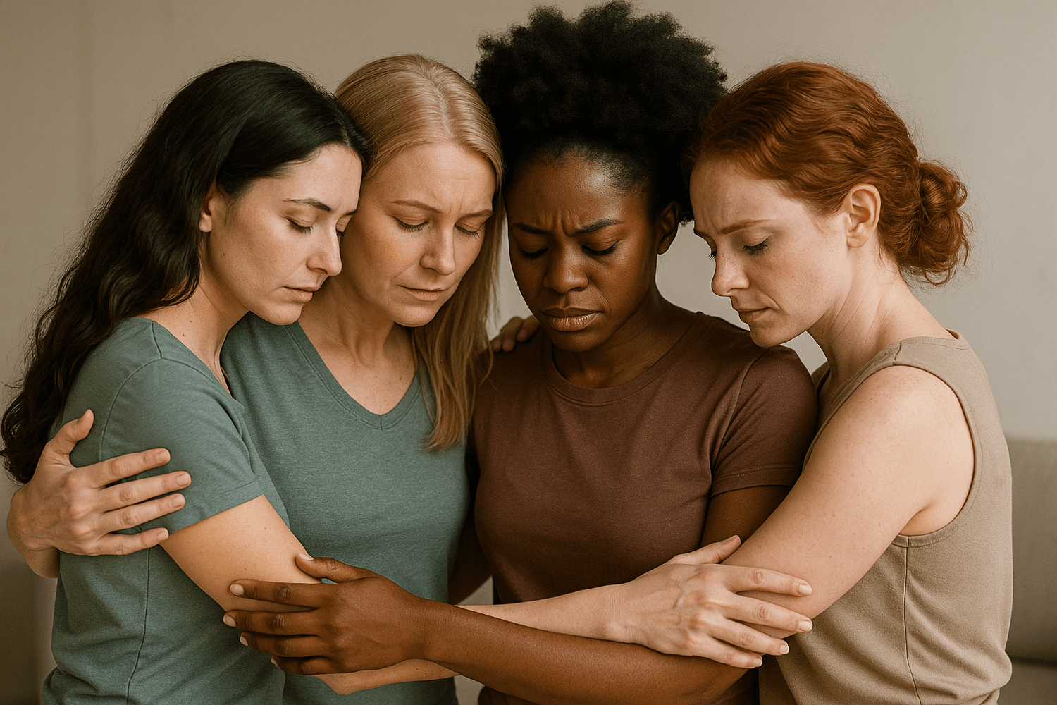 When empathy is your superpower:Four women in a group hug- multi-ethnic