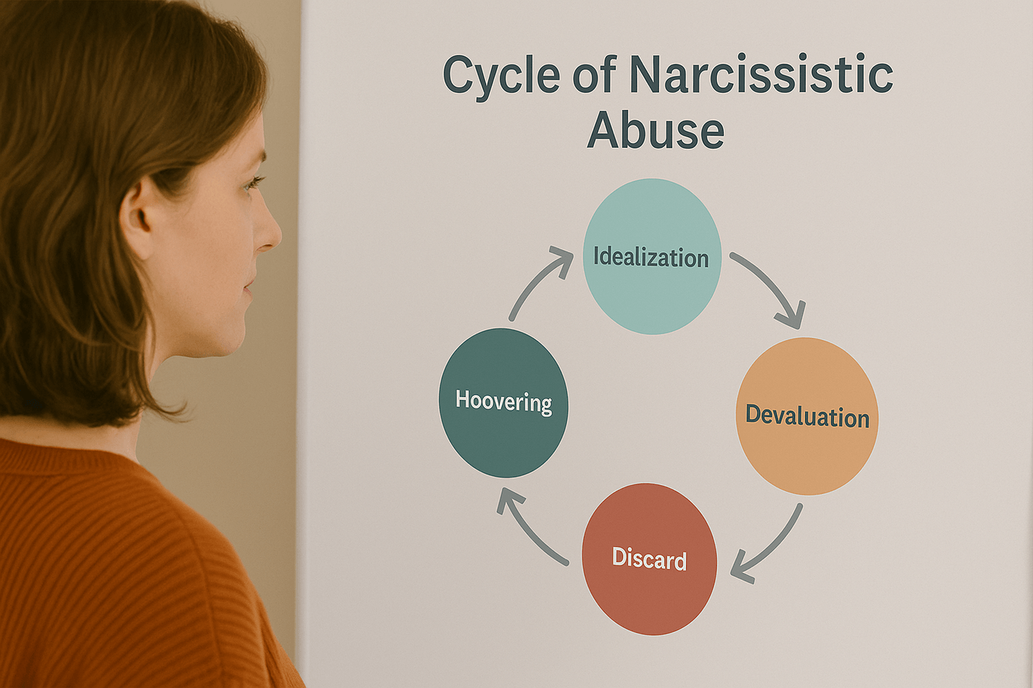 woman reading a chart on cycle of narcissistic abuse