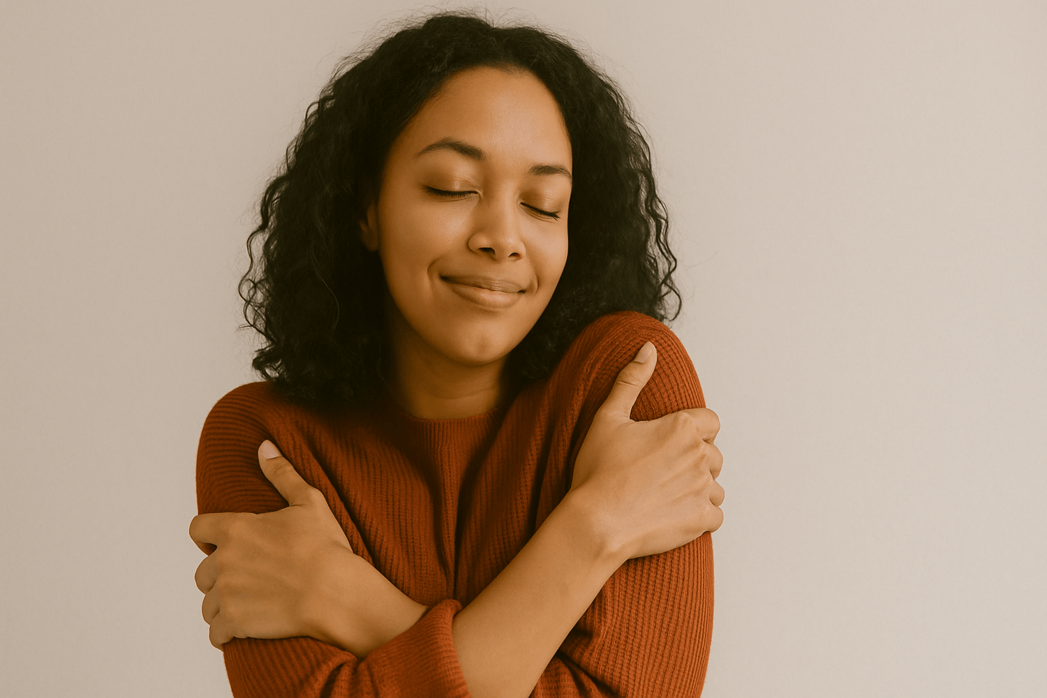 Woman giving herself a hug showing herself love