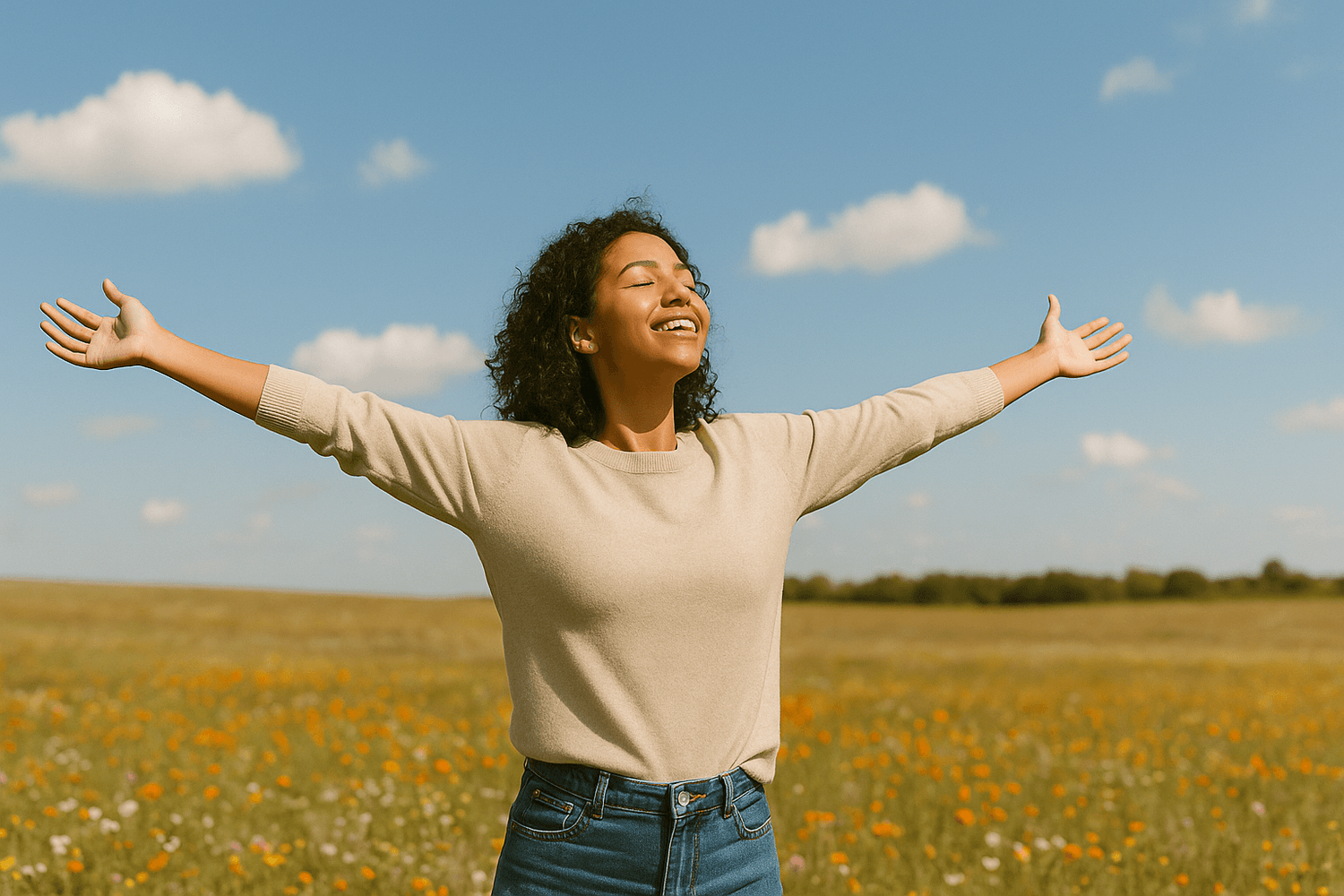 african american woman with curly hair and arms outstretched in a field of flowers looking jubilant