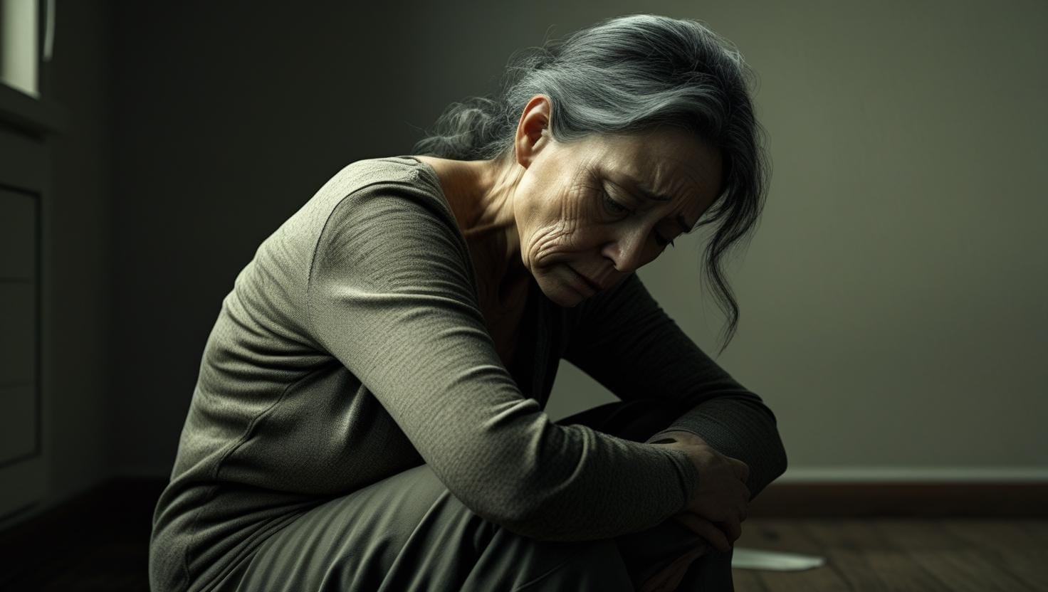 A middle age woman hunched over and looking exhausted after being gaslit and manipulated