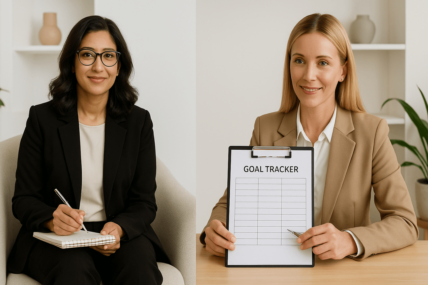 image of two women-one a  brunette therapist and the other a blonde life coach, both wearing suits, 1 holding note pad and the other a  goal tracking sheet