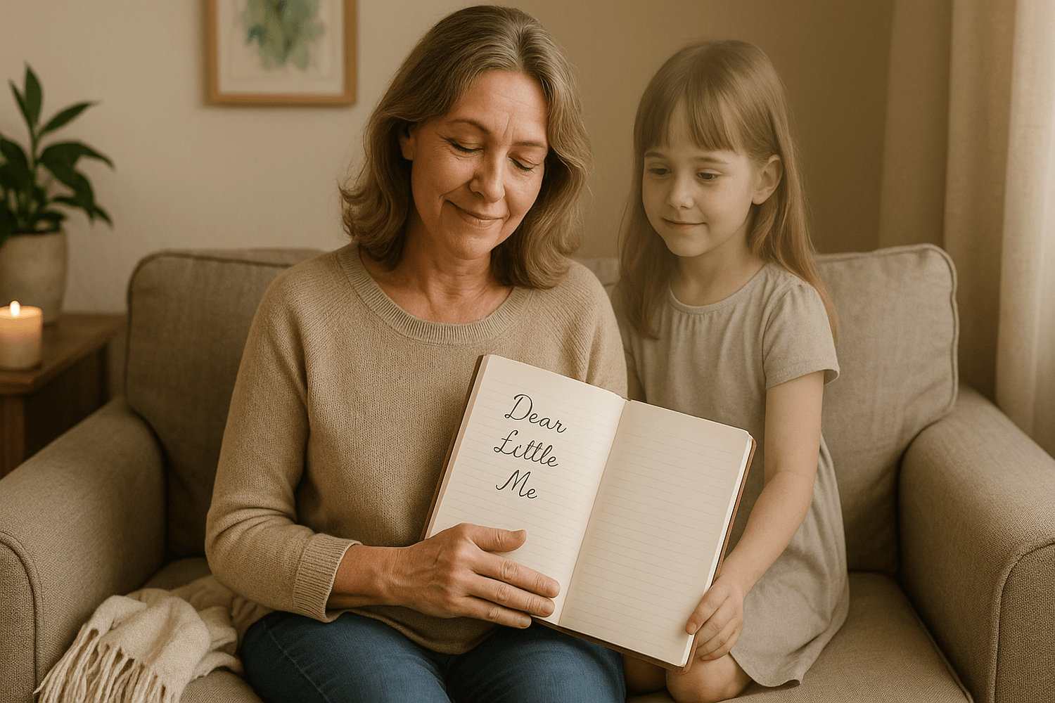 woman in her 50's sitting in her home with a journal page opened to "dear little me" with a ghost image of herself as a child right beside her