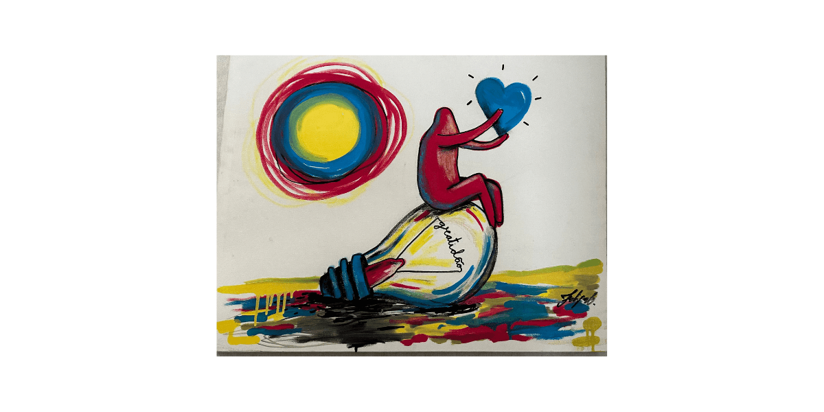 figure sitting on lightbulb holding a heart in hand below a sun