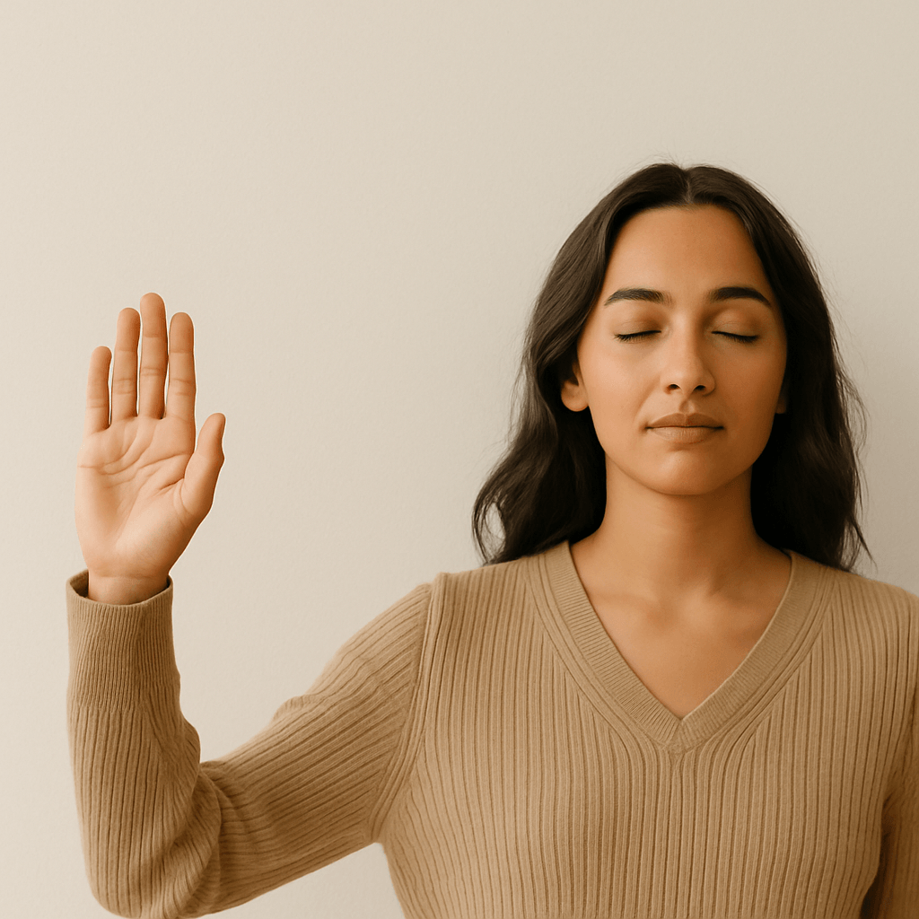 lomg haired brunette woman in beige v-neck sweater holding up her hand setting a boundary