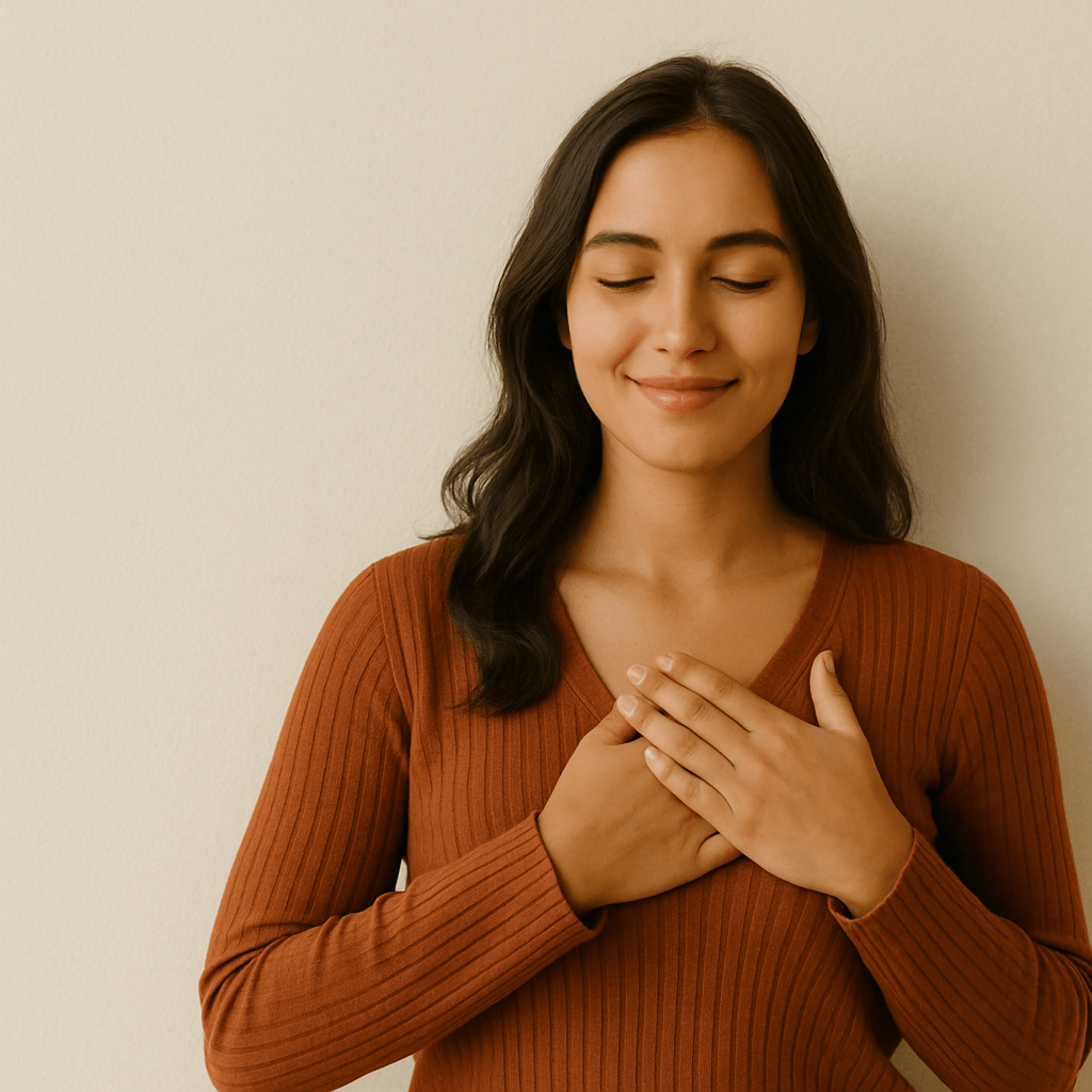 long haired brunette woman in rust v neck sweater holding hands over her heart
